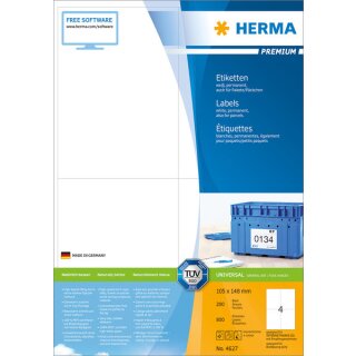 PREMIUM Etiketten 105 x 148 mm, 800 Etiketten, matt, permanent haftend, Format: DIN A4, Packung mit 200 Blatt, weiß