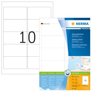 PREMIUM Adressetiketten 96 x 50,8 mm, 1.000 Etiketten, matt, permanent haftend, Format: DIN A4, 100 Blatt, weiß