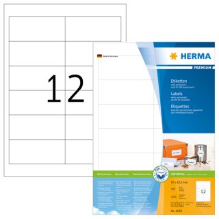 PREMIUM Etiketten 96,5 x 42,3 mm, 1.200 Etiketten, matt, permanent haftend, Format: DIN A4, 100 Blatt, weiß