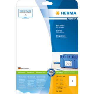 PREMIUM Etiketten 210 x 297 mm, 25 Etiketten , weiß, matt, permanent haftend, Blattformat: DIN A4, Packung à 25 Blatt