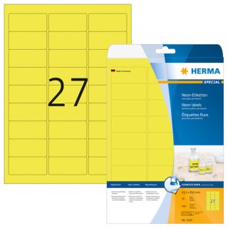 Neonetiketten 63,5 x 29,6 mm, 540 Etiketten, aus Acetatseide, leuchtgelb, 27 Stück/Blatt, Packung à 20 Blatt