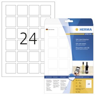 QR-Code Etiketten, 40 x 40 mm, 600 Etiketten, weiß, blickdicht, für Laser-, Farblaser-, Inkjetdrucker, Kopierer, Packung à 25 Blatt