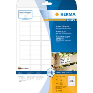 Power-Etiketten 35,6 x 16,9 mm, 2.000 Etiketten, extrem stark haftend, aus Papier, Packung mit 25 Blatt, weiß