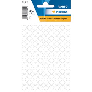 Markierungspunkte Ø 8 mm, 540 Etiketten, permanent haftend, für Handbeschriftung, Packung mit 5 Blatt, weiß