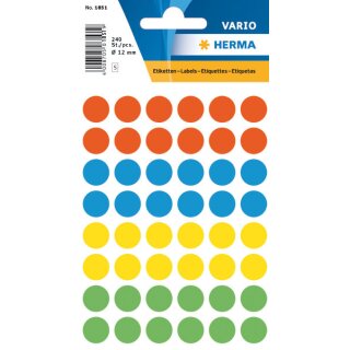 Markierungspunkte Ø 13 mm, 240 Etiketten, permanent haftend, für Handbeschriftung, Packung mit 5 Blatt, farbig sortiert