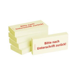 Haftnotizen gelb, 75 x 35 mm, "Bitte nach Unterschrift zurück", 100 Blatt pro Block