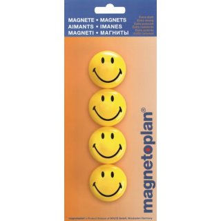 Magnetoplan Smiley-Magnet, Ø: 40mm, gelb mit lachendem Gesicht, Haftkraft: bis zu 4 Blatt (80g/qm), Packung à 4 Stück
