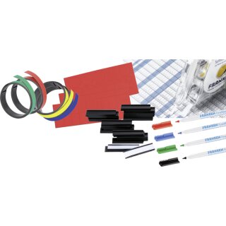 Zubehör Plan Set für Plantafeln, Inhalt: 20 magnethaftende Schilder je 2 x 2 m, Magnetband 5 mm grün und rot, 1 Set magnetische Symbole, je 2 x 2 m Magnetbänder 10 mm blau und gelb, FineMarker, Bandschneider