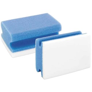 Universal Reinigungsschwamm X-Wipe, blauer Schaumstoffhandgriff und weiße Wischfläche, speziell für stark verschmutzte Oberflächen, auch zur Entfernung von Permanentmarkern, VE = 1 Pack = 2 Stück