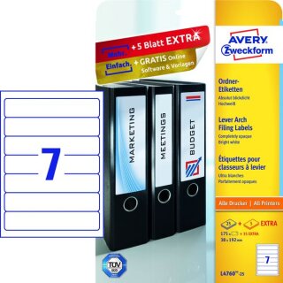 Ordneretiketten Inkjet, Laser s/w, Farblaser, kurz/schmal, weiß, 38 x 192 mm, 1 Pack = 25 + 5 Blatt = 175 + 35 Blatt