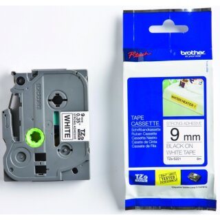 Brother TZe-S221 Schriftband 9 mm breit / 8 m lang schwarz auf weiß extra stark klebend laminiert