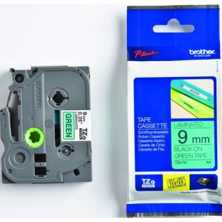 Brother TZe-721 Schriftband 9 mm breit / 8 m lang schwarz auf grün laminiert