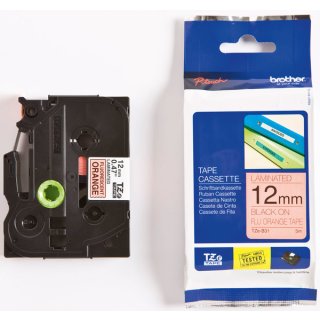 Schriftbandkassette, TZe-B31, 12 mm breit / 5 m lang, schwarz auf signalorange, laminiert