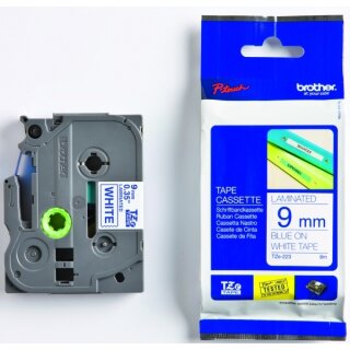 Brother TZe-223 Schriftband 9 mm breit / 8 m lang blau auf weiß laminiert