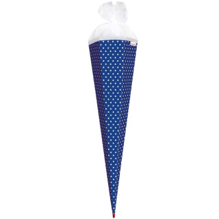 Schultüte Basteltüte ultramarinblau mit kleinen weißen Sternchen; 6-eck mit Rot(h)-Spitze, 85cm mit Tüllverschluss
