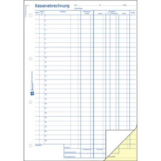 Kassenabrechnung, MwSt.-Spalte für Ausgaben, 1. Blatt mit Mikroperforation, A4, weiß/gelb, mit Blaupapier, 2 x 50 Blatt