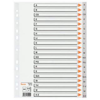 Kunststoffregister DIN A4, 21,08tlg., A - Z, Rasterdruck, 120 my, PP, grau, Universallochung