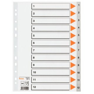 Kunststoffregister DIN A4, 12tlg., 1 - 12, Rasterdruck, 120 my, PP, grau, Universallochung
