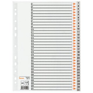 Kunststoffregister DIN A4, 31tlg., 1 - 31, Rasterdruck, 120 my, PP, grau, Universallochung