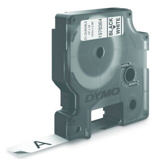 Schriftbandkassette, D1, 12 mm breit / 5,5 m lang, schwarz auf weiß, Vinyl, permanent haftend