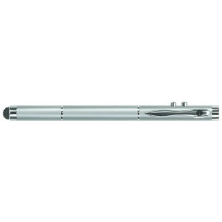 Laserpointer 4-in-1 mit Touch-Pen-Spitze, mit integriertem Kugelschreiber, im Etui, mit Clip, inkl. 3 Knopfzellen, silber