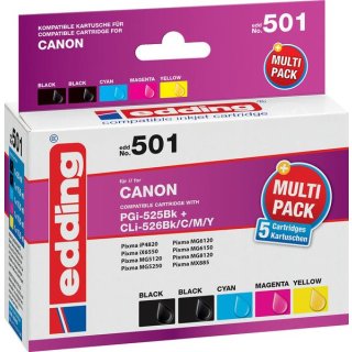 Edding Tinte 501 ersetzt Canon PGI-525 /CLI-526BK / C / M / Y Multipack 5, 1 x 20 ml/4 x 10,5 ml, s/c/m/y