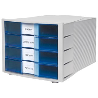 Schubladenbox Impuls, lichtgrau/transluzent blau, 4 Schübe geschlossen, Außenmaße: 294 x 368 x 235 mm (BxTxH)