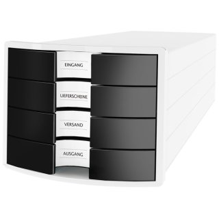 Schubladenbox Impuls, weiß/schwarz, 4 Schübe geschlossen, Außenmaße: 294 x 368 x 235 mm (BxTxH)