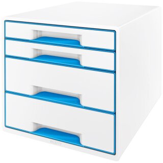 Schubladenbox WOW Cube, weiß/blau, 4 geschlossene Schubladen, 2 hohe, 2 flache, mit Auszugstopp, Schubladeneinsatz
