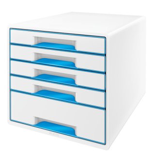 Schubladenbox WOW Cube, weiß/blau, 5 geschlossene Schubladen, 1 hohe, 4 flache, mit Auszugstopp, Schubladeneinsatz