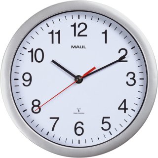 Wanduhr MAULrun, silber, Ø 25 cm, Funkuhr, 3 Zeiger (schwarz: Stunde, Minute, rot: Sekunde), schwarze Ziffern