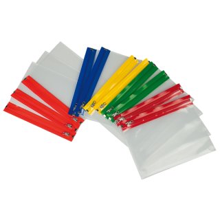Gleitverschlussbeutel, DIN A4, PE, Zip-Leiste in 5 Farben, transparent, VE = 1 Beutel = 15 Stück
