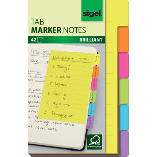 Tab Marker Notes, 94 x 148 mm, sortiert 6 Farben, gelb, orange, pink, grün, blau und violett, VE = 1 Stück = 42 Blatt