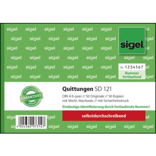 Sigel Quittungen SD121 DIN A6 quer, selbstdurchschreibend, 2 x 50 Blatt, fortlaufende Nummerrierung, 1.+2. Blatt bedruckt