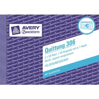 Zweckform Quittung 306 mit MwSt, A6 quer mit Mikroperforation + 1 x Blaupapier, fälschungssicher, 2 x 50 Blatt