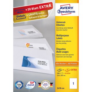 Universal-Etiketten, Inkjet, Laser s/w, Farblaser, 210 x 297 mm, weiß, 1 Packung = 200 + 20 Blatt = 200 + 20 Stück