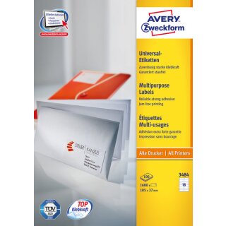 Universal-Etiketten, Inkjet, Laser s/w, Farblaser, permanent, 105 x 37 mm, weiß, , 1 Packung = 100 Blatt =1.600 Stück