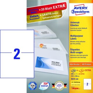 Universal-Etiketten, Inkjet, Laser s/w, Farblaser, permanent, 210 x 148 mm, weiß, 1 Pack = 220Bl = 440 Etiketten.