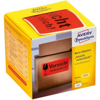 Warnetiketten "Vorsicht zerbrechlich!", 100 x 50mm, neonrot, 200 Etiketten auf 1 Rolle
