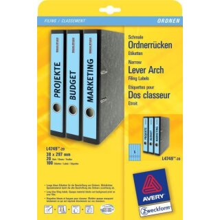 Ordneretiketten bedruckbar, permanent, lang/schmal, blau, 38 x 297 mm, 100 Stück 1 Packung = 20 Blatt = 100 Stück