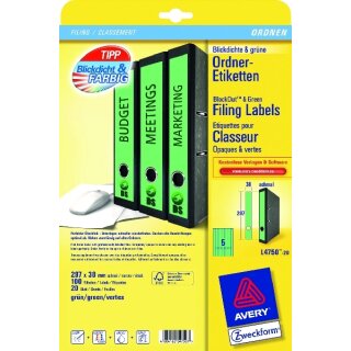 Ordneretiketten bedruckbar, permanent, lang/schmal, grün, 38 x 297 mm, 1 Packung = 20 Blatt = 100 Stück