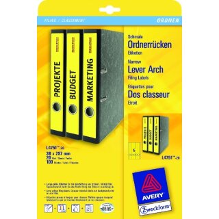 Ordneretiketten bedruckbar, permanent, lang/schmal, gelb, A4, 38 x 297 mm, 1 Packung = 20 Blatt = 100 Stück