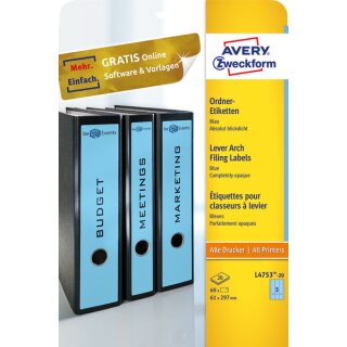 Ordneretiketten bedruckbar, permanent, lang/breit, blau, 61 x 297 mm, 1 Packung = 20 Blatt = 60 Stück