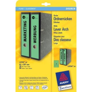 Ordneretiketten bedruckbar, permanent, lang/breit, grün, 61 x 297 mm, 1 Packung = 20 Blatt = 60 Stück