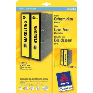 Ordneretiketten bedruckbar, permanent, lang/breit, gelb, 61 x 297 mm, 1 Packung = 20 Blatt = 60 Stück