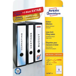 Ordneretiketten bedruckbar, lang/schmal, weiß, 38 x 297 mm, 1 Packung = 25 Blatt + 5 Blatt = 125 Stück + 5 Stück