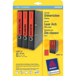 Ordneretiketten Inkjet,Laser s/w + Farbe, permanent kurz/schmal, rot, 192 x 38 mm, 1 Packung = 20 Blatt = 140 Stück