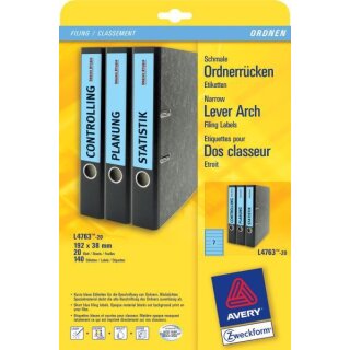 Ordneretiketten Inkjet,Laser s/w + Farbe, kurz/schmal, blau, permanent, 38 x 192 mm, 1 Packung =  20 Blatt = 140 Stück