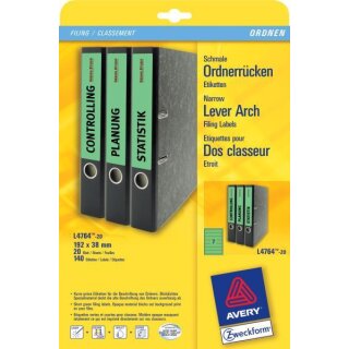 Ordneretiketten Inkjet,Laser s/w + Farbe, permanent, kurz/schmal, grün, 38 x 192 mm, 1 Packung = 20 Blatt = 140 Stück