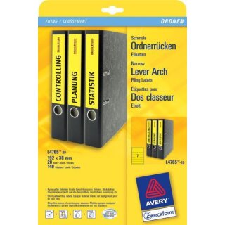 Ordneretiketten Inkjet,Laser s/w + Farbe, permanent, kurz/schmal, gelb, 38 x 192 mm, 1 Packung = 20 Blatt = 140 Stück